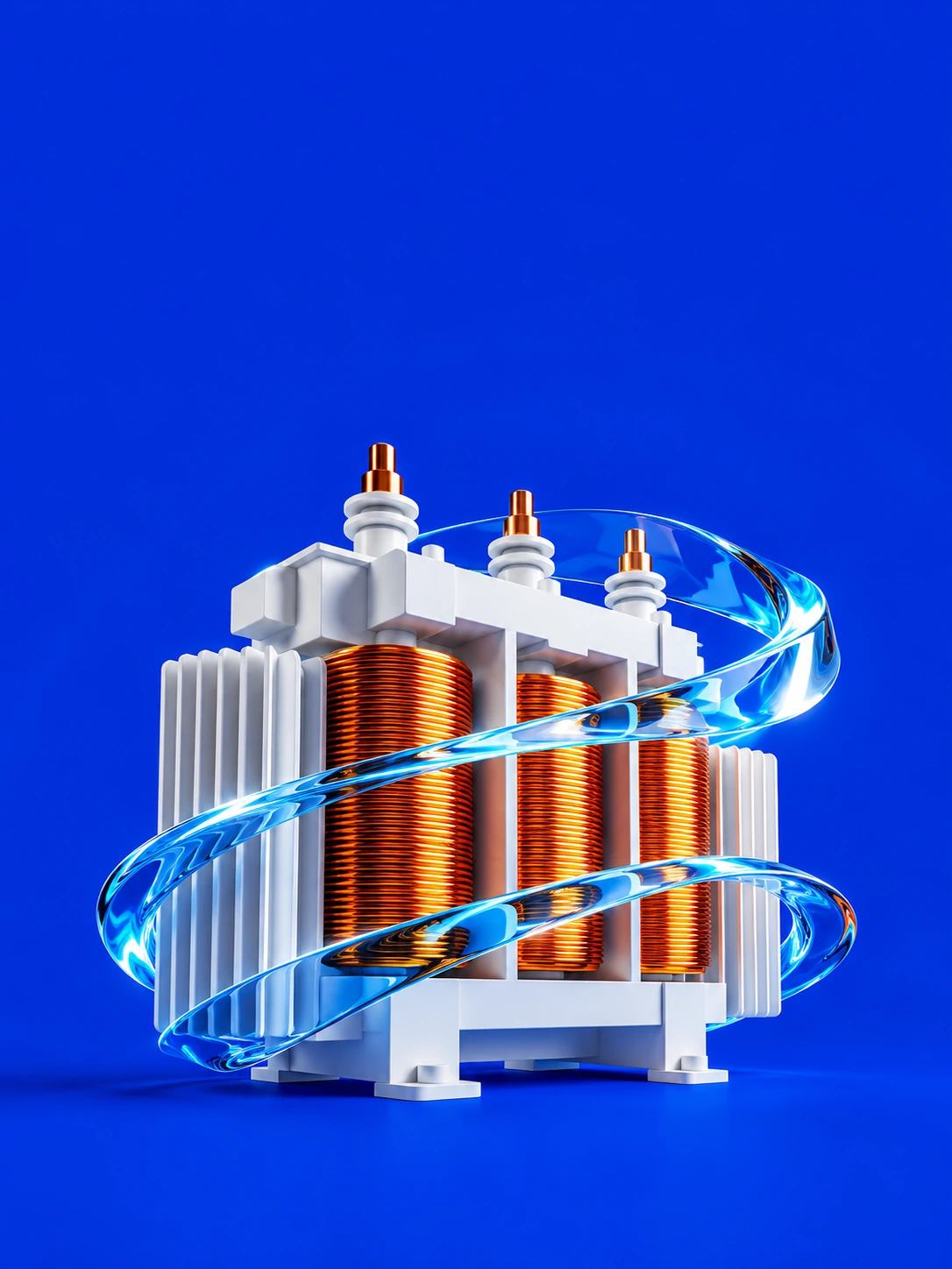 Saturated ultramarine blue background. A pristine white transformer and bold orange copper windings, an electric cyan ribbon of glass power flowing around it. Radical Bauhaus-inspired geometric sculpture, crisp studio lighting, lower-middle composition.
