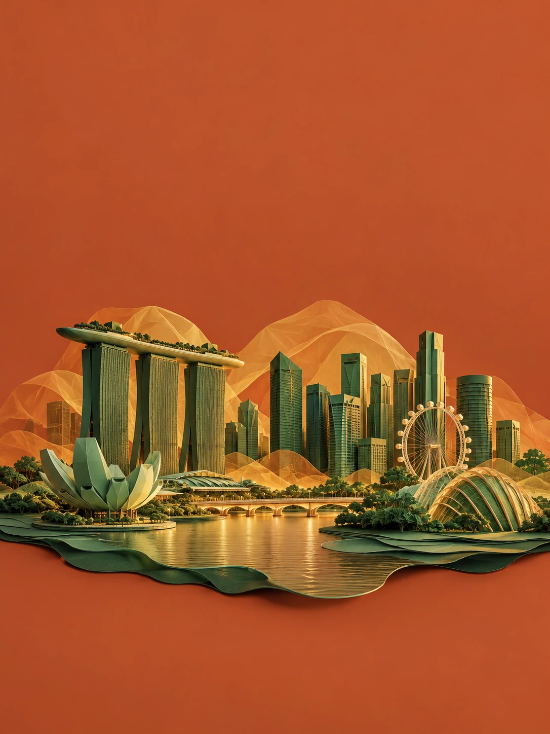 Warm burnt-orange terracotta background. A beautiful jade-green miniature Singapore skyline, cut-paper origami layers and translucent amber haze veils. Sophisticated paper-theatre illustration with detailed folded edges, sculptural side lighting, lower-middle.