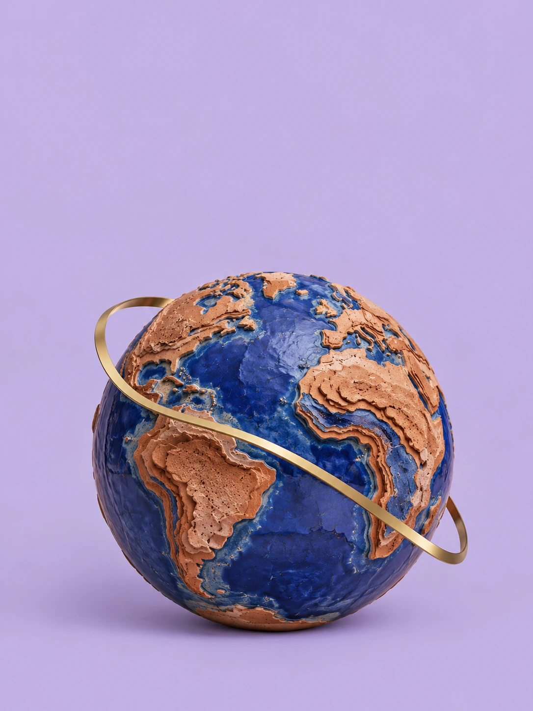 Pale lilac lavender background. A cobalt and terracotta globe with visibly uneven geographic terraces and a thin metallic gold ribbon. Surreal clay-and-porcelain museum sculpture, soft diffuse photography, lower-middle.