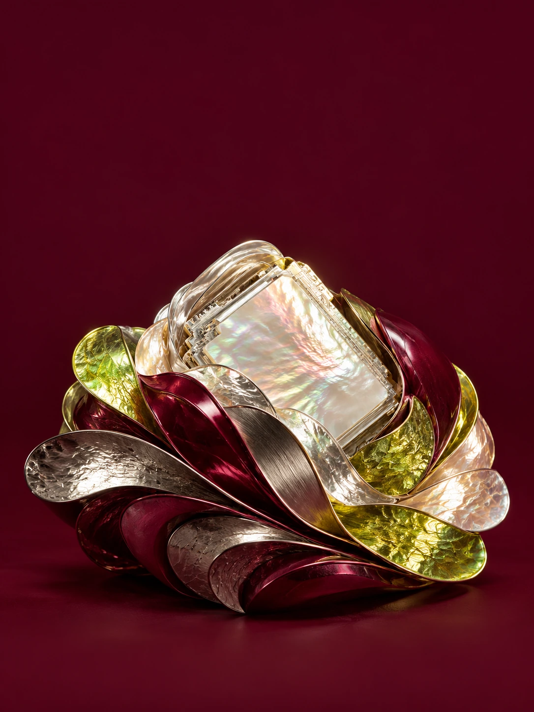Deep wine burgundy monochrome background. A mother-of-pearl silicon chip merging with burgundy, silver and chartreuse overlapping metallic scales. Luxurious macro material photography, dramatic but clean, sculpture lower-middle.