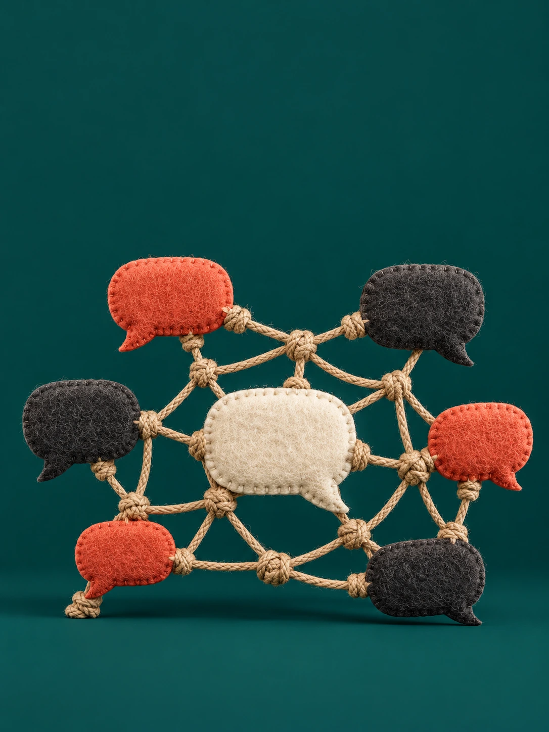 Rich forest teal background. A hand-knotted natural rope network supporting coral and charcoal felt speech bubbles, one bright ivory answer bubble at its heart. Tactile handcrafted textile art and stop-motion set aesthetics, lower-middle.